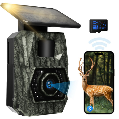 MAXDONE Solar Trail Camera WiFi Bluetooth, 48MP 30fps Game Camera Built-in 5200mAh Rechargeable Battery with Motion Activated 0.1s Trigger Speed Trail Cam IP66 with 32GB TF Card