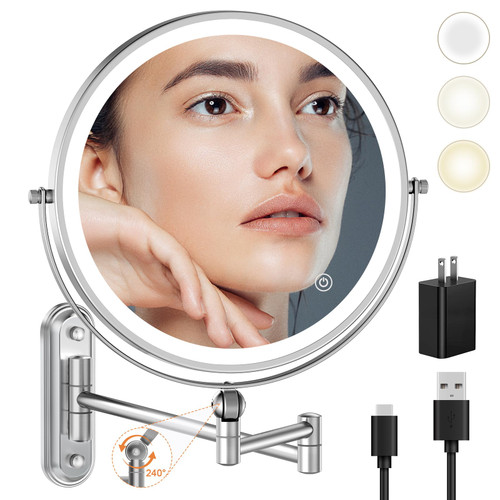 9" Wall Mounted Makeup Lighted Mirror, 4000mAh Rechargeable Double Sided LED Vanity Mirror with Height Adjustable&1X/10X Magnification, 3 Color Lights Touch Screen Dimmable 360°Swivel Bathroom Mirror