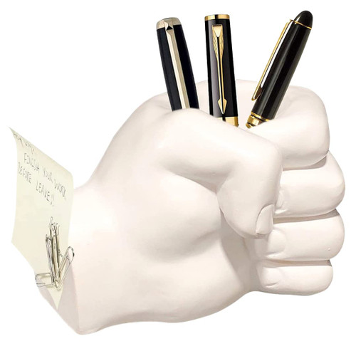 Shes Chic Pen Pencil Holder Hand Fist, Desk Cup for Office School Art Sculpture Novelty Organizer with Magnetic Paper Clip Scissor Holders White (White)