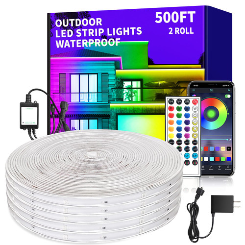 vimeepro 500Ft Outdoor Waterproof LED Strip Lights,Music Sync RGB Led Lights with App/Remote Control,Color Changing Waterproof RGB Exterior Rope Self Adhesive Back,Balcony,Garden（2 Rolls of 250ft ）