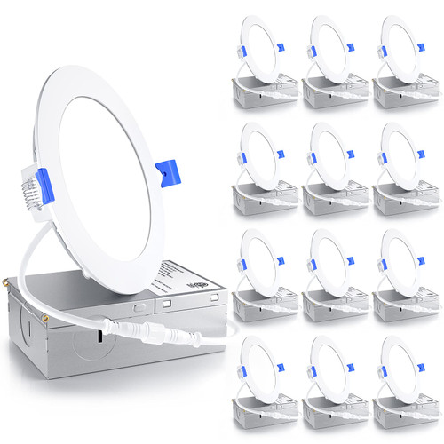 Ensenior 12 Pack 4 Inch LED Recessed Light, Dimmable, 5000K Daylight, 750LM High Brightness, 9W 120V, 2 Pin, ERL-9X-ETL, Damp Rated, Ultra-Thin Canless Wafer Ceiling Light - ETL & FCC & IC