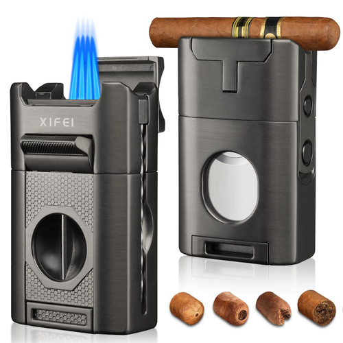 XIFEI 6-in-1 Cigar Lighter, Desktop Torch Lighter with Straight Cut V-Cut Cigar Cutter, Dual Cigar Punch, Cigar Draw Enhancer, Cigar Holder, 4 Jet Flame Refillable Butane Lighter Gift for Men (Gray) XIFEI 6-in-1 Cigar Lighter, Desktop Torch Lighter with Straight Cut V-Cut Cigar Cutter, Dual Cigar Punch, Cigar Draw Enhancer, Cigar Holder, 4 Jet Flame Refillable Butane Lighter Gift for Men (Gray)