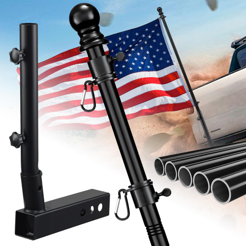 Truck Flag Pole with Hitch Holder – 5FT Heavy Duty Flagpole Mount Kit for Tow Hitch, Dual Angle Mount, Long Protect Sleeve Windproof Design for Trucks, Jeep & Trailer,Black