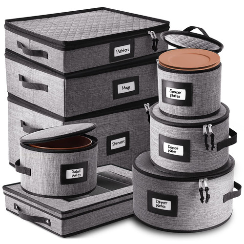 STORAGEBUD China Storage Containers Hard Shell, 8 Piece Flatware & Utensil with Mug Storage, Wine Glass 4 Dish Platter Case, Padded Dinnerware Containers, (sb-hds-09)