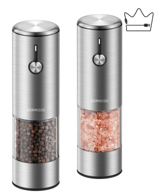 Electric Salt and Pepper Grinder Set, USB Rechargeable Automatic Pepper Mill, Large Capacity with Dual LED Light, One-Handed Operation, Slide Cover, Brushed Stainless Steel