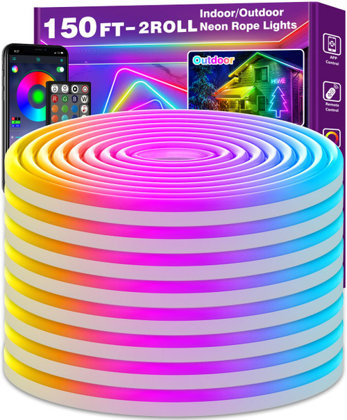 NUERPO 150Ft Neon Rope Lights,Flexible Led Rope Lights Control with App/Remote,Multiple Modes Light,IP65 Outdoor RGB Led Light Waterproof (150Ft Neon Rope Lights)