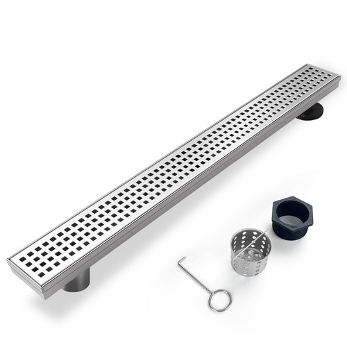 Elefloom Offset Linear Shower Drain, Shower Drain 36 inch with Removable Grate Cover, Professional AISI 304 Stainless Steel Side Outlet Shower Floor Drain with Hair Catcher and Leveling Feet