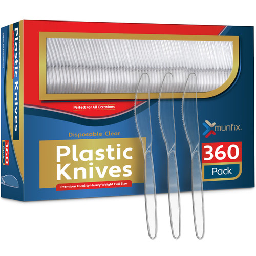 Munfix 360 Count Clear Plastic Knives Heavy Duty, Premium Disposable Knives, Heat Resistant and BPA Free Plastic Silverware Utensils, Durable Cutlery Set for Parties, Picnics, Events