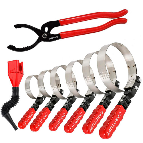 CAROTUPY 8pcs Oil Filter Wrench Set, 12" Adjustable Oil Filter Pliers with Flexible Oil Funnel, Oil filter Removal Tool Adjustable from 1-1/4"-5-2/5"