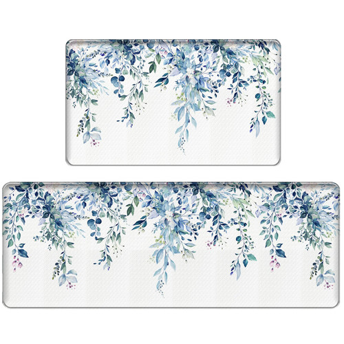 Bulijojo Blue Leaves Anti Fatigue Kitchen Floor Mats Set of 2 Waterproof Kitchen Sink Runner Rug Standing Mat Cushioned Kitchen Rugs Comfort Doormat 17"x47"+17" x30“