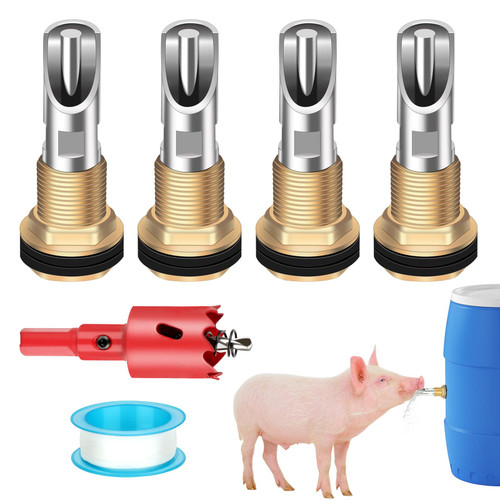 Lonepetu 4 Pcs Pig Waterer Nipples for Barrel Kit, Stainless Steel Hog Waterer Nipples Automatic Pig Nipple Water Drinker Feeder Water System with Brass Tank Connector Kit for Piglets Goat Lonepetu 4 Pcs Pig Waterer Nipples for Barrel Kit, Stainless Steel Hog Waterer Nipples Automatic Pig Nipple Water Drinker Feeder Water System with Brass Tank Connector Kit for Piglets Goat
