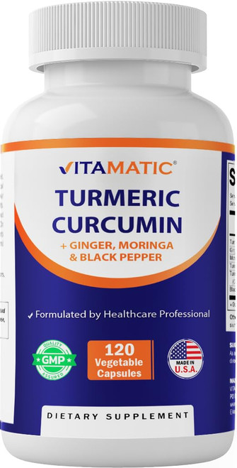Vitamatic Turmeric Curcumin Supplement (10:1 Equivalent 3000 mg Per Serving, Made with 95% Curcuminoids, Black Pepper, Ginger, Moringa) 120 Vegetable Capsules, Non-GMO, Gluten Free (120 Capsules) Vitamatic Turmeric Curcumin Supplement (10:1 Equivalent 3000 mg Per Serving, Made with 95% Curcuminoids, Black Pepper, Ginger, Moringa) 120 Vegetable Capsules, Non-GMO, Gluten Free (120 Capsules)