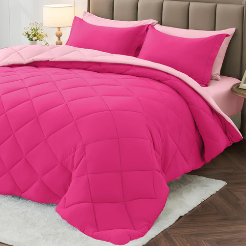 MUXHOMO 5 Pieces Twin Comforter Set, Reversible Bed in a Bag Twin Size, All Season Bedding Set with Comforter, Flat Sheet, Fitted Sheet, Pillowcases & Shams, Hot Pink & Baby Pink