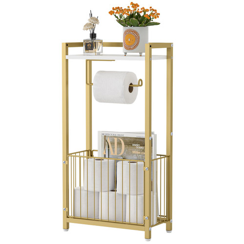 Toilet Paper Holder with Storage Shelf - Freestanding Roll Dispenser for Bathroom, Bathroom Organizer for Tissues and More Gold