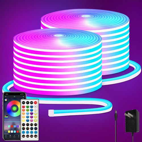 segrass 100FT RGB LED neon Rope Lights LED neon Lights with Remote/APP Control 24V IP65 Waterproof Flexible Neon LED Strip Lights for Bedroom Room Outdoors Decor（2 Rolls of 50ft）