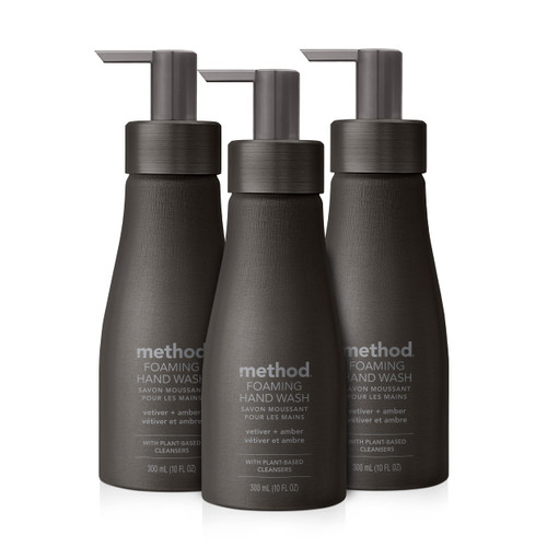 Method Premium Foaming Hand Wash, Vetiver + Amber, Reusable Black Aluminum Bottle, 10 fl oz (Pack of 3)
