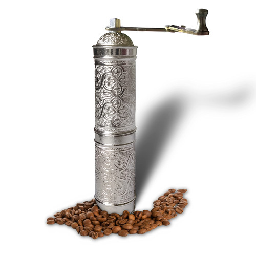 Manual Coffee Grinder, Refillable Turkish Coffee Grinder, Pepper Grinder, Manual Coffee Mill with Foldable Handle (Silver)