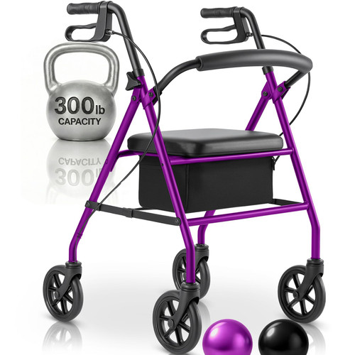 Vive Mobility Steel Rollator Walker with Seat - Foldable, Narrow, Rolling Senior Walker for Small Spaces - 4 Wheel Lightweight Adult Easy Drive with Underseat Storage, Adjustable Height (Purple)