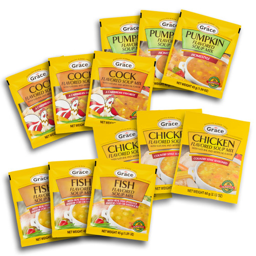 Grace Variety Pack of Flavored Soup 12 Pack - Cock Soup, Pumpkin Soup, Chicken Soup and Fish Soup - Jamaican Flavored Soup Mixes Grace Variety Pack of Flavored Soup 12 Pack - Cock Soup, Pumpkin Soup, Chicken Soup and Fish Soup - Jamaican Flavored Soup Mixes