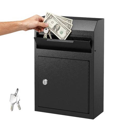 POCHAR Metal Wall Mount Locking Deposit Drop Box Safe - Heavy Duty Lock Box for Keys, Rent, Checks, Money, and Mail Envelopes (9.75” x 4.25” x 14.75”) (Black)
