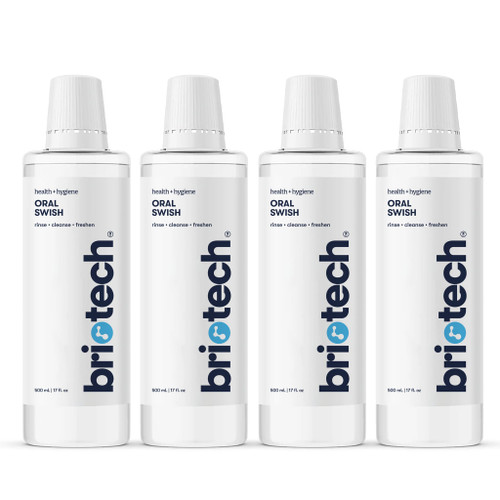 BRIOTECH Oral Swish, Hypochlorous Acid Mouthwash Rinse, Gentle Oral Care Hygiene, Fight Bad Breath, Support Against Plaque, Gum Irritation & Tender Gums, Alcohol & Fluoride Free, 17 fl oz (4 Pack)