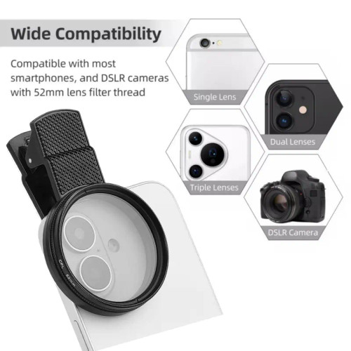 52mm CPL Filter for Phone Lens, Clip-on Polarizer Filter, CPL Phone Camera Lens Optical Lens for Most Smartphones, Clip-on Design CPL Filter for Cellphone