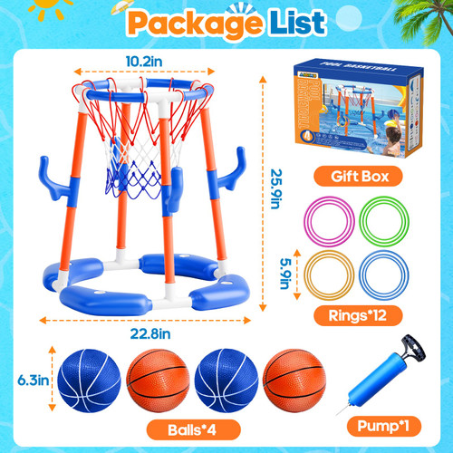 Pool Basketball Hoop, 2-in-1 Floating Pool Toys Ring Game with 4 Balls and Pump, Outdoor Swimming Pool Games for Kids Adults Water Basketball for Pool Basketball Games for Outdoor Indoor Play