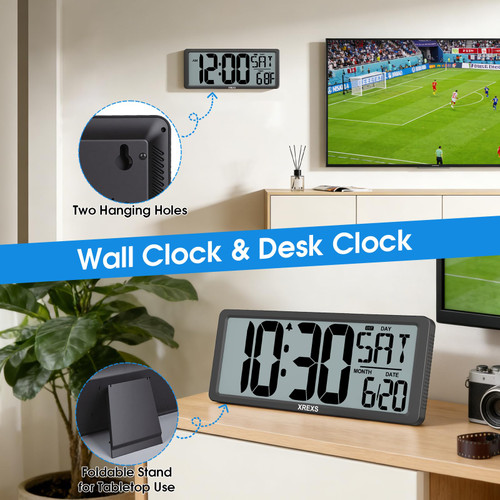 XREXS Large Digital Wall Clock, Battery Operated Alarm Clocks for Bedroom Home Decor, Count Up & Down Timer, 14.17 Inch Large LCD Screen with Time/Calendar/Temperature Display (Batteries Included)