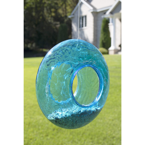 CLEVER GARDEN Glass Bird Feeder, Hanging Outdoor Decoration for Wild Birds, Light Blue Circle