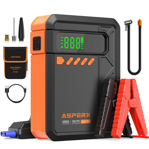 Portable Jump Starter with Air Compressor, 3000A Car Jumper, 150PSI Cordless Tire Inflator, 12V Jump Box for 9.0 Gas/7L Diesel Engine, Car Battery Booster with Storage Bag, Orange Portable Jump Starter with Air Compressor, 3000A Car Jumper, 150PSI Cordless Tire Inflator, 12V Jump Box for 9.0 Gas/7L Diesel Engine, Car Battery Booster with Storage Bag, Orange