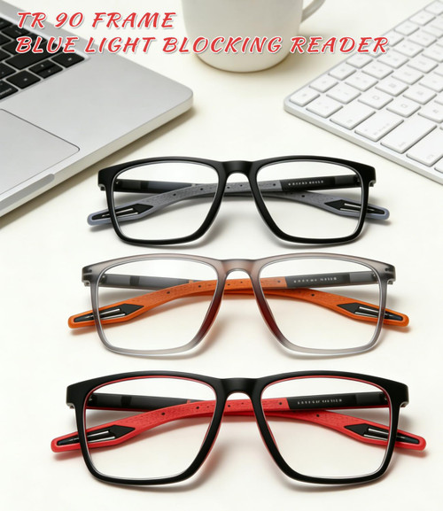 Hubeye TR90 Sports Reading Glasses for Men and Women Ultralight Flexible Anti-Blue Light Readers（Black+Red+Orange，2.5）