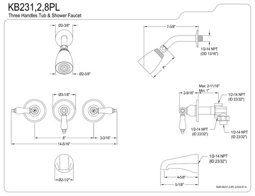 Kingston Brass KB231PL Tub and Shower Faucet with 3-Porcelain Lever Handle, Polished Chrome,5-Inch Spout Reach