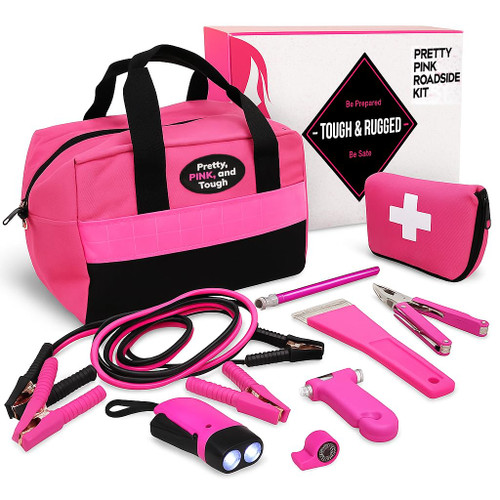 Pretty Pink Roadside Kit - Pink Emergency Kit for Teen Girls and Women - Car Accessories for Women - Durable Carry Bag with Long Jumper Cables, First Aid Kit, Emergency Tools, 5 Year Warranty