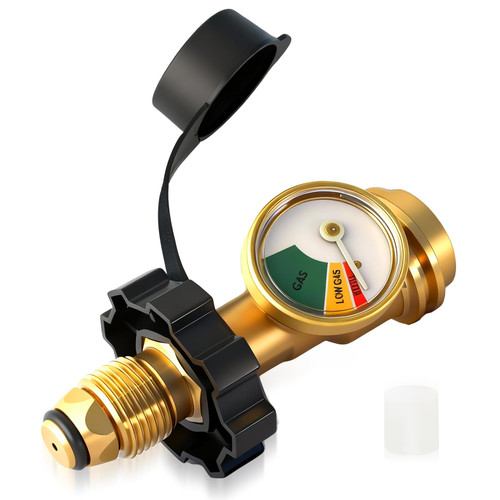 100 lb Propane Tank Adapter with Gauge, Propane Gauge for 100 lb Propane Tank, Universal Fit Pol to Qcc1 Propane Tank Adapter Converts Pol to Qcc1 / Type 1 - Old to New Connection Type, Solid Brass