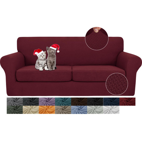 JIVINER 3 Pieces Couch Covers for 2 Cushion Couch Stretch Sofa Slipcover with 2 Extra Large Seat Cushion Covers Thick Fitted Loveseat Sofa Covers for Living Room (XL Loveseat, Wine Red)