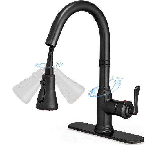 HOIGY Oil Rubbed Bronze Bar Sink Faucet Single Hole or 3 Hole, 3 Modes Wet Bar Faucet with Pull Down Sprayer, Single Handle Swivel Bar Faucets for Sink with Deck Plate