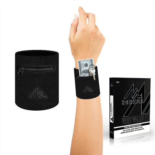 NEWZILL Wrist Wallet (Wristband) with Zipper - Cotton Sweatbands for Men & Women, Ideal for Running, Walking, Basketball, Football, Tennis, Hiking, Workout, and More (Small, Black)