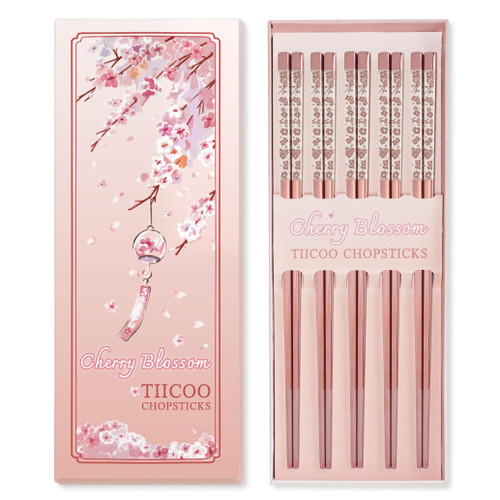 Chopsticks Reusable 18/8 Stainless Steel Chopsticks Pink Sakura Laser Engraved Metal Chop sticks Non-Slip Dishwasher Safe Japanese Korean Chopstick for Cooking Eating 5 Pairs Premium Gift Set