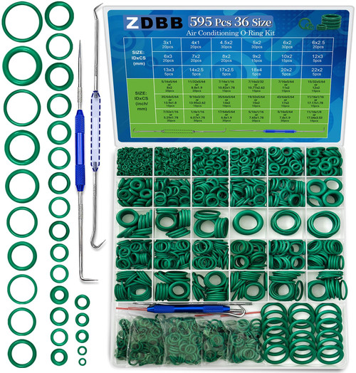 ZDBB 595 Pcs Automotive AC O Rings Kit, SAE and Metric Air Conditioning Orings Assortment Set for Car A/C Compressor and Professional Plumbing Faucet Seal Repair with 4 Pick & Hook (Green)