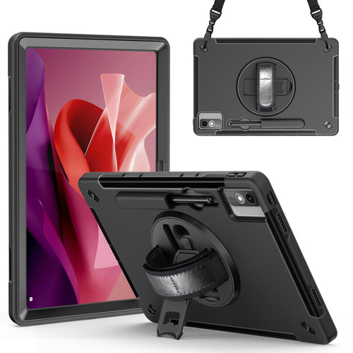 Junfire Protective Case for Lenovo Tab P12 12.7-inch 2024/2023, Shockproof Hard P12 Case with 360°Rotating Kickstand/Hand Strap/Shoulder Strap/Stylus Holder-Black