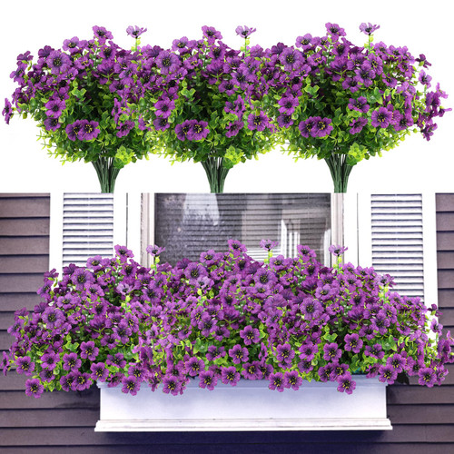 katflyee UV Resistant Artificial Outdoor Flowers, 12 Bundles Fake Outdoor Silk Flowers Fade Resistant Faux Flowers Plants for Outside Planters, Window Box, Porch Decor-Purple