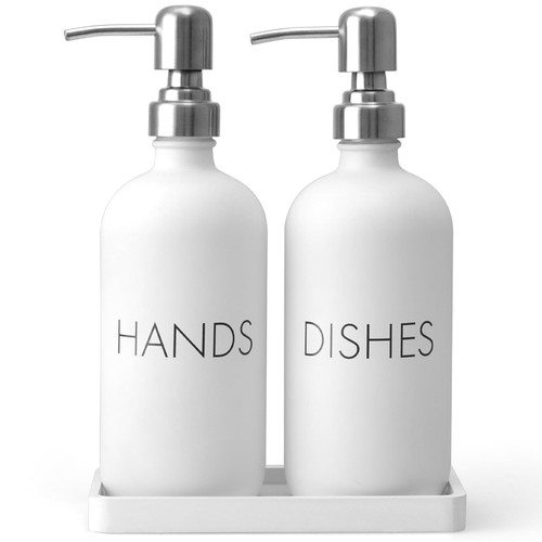 White Dish and Hand Soap Dispenser Set - Glass Kitchen Soap Dispenser with Tray and Stainless Steel Pump - for White Kitchen Decor and Accessories