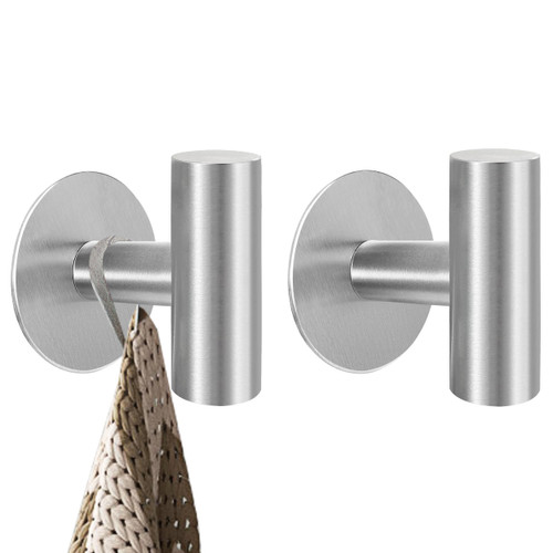 Augegel Adhesive Towel Hooks, Brushed Nickel SUS 304 Stainless Steel Heavy Duty Self Adhesive Robe Hooks for Bathrooms Kitchen Wall Mounted (Brushed Nickel, 2 Pcs)