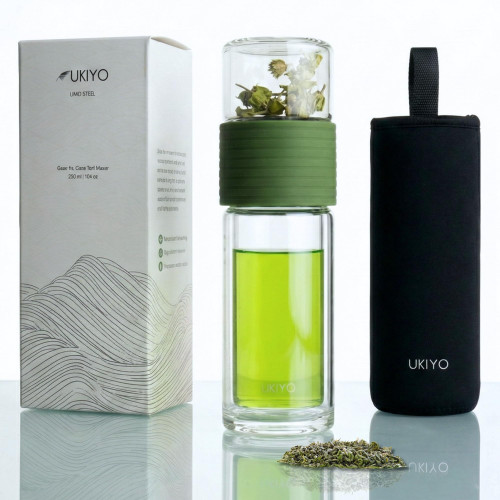 Ukiyo Sense Premium Double-Wall Glass Tea & Fruit Infuser Bottle - Travel Tumbler with Stainless Steel Filter and Neoprene Sleeve