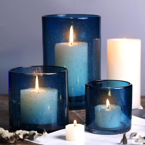 Hurricane Candle Holder Set of 3 Blue Candle Holders for Pillar Candles, Seeded Bubbles Glass Candle Holder, Blue Glass Cylinder Vases for Table Centerpieces, Home, Patio and Wedding 8" 4.7" 3.5" Hurricane Candle Holder Set of 3 Blue Candle Holders for Pillar Candles, Seeded Bubbles Glass Candle Holder, Blue Glass Cylinder Vases for Table Centerpieces, Home, Patio and Wedding 8" 4.7" 3.5"