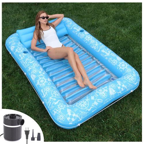 Inflatable Tanning Pool Lounger Float w/Reflective Base (Electric Pump Included) 85” x 58” - Sun Bathing Sun Tanning in Pool or Backyard