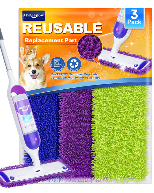 3 Pack Reusable Power Mop Pads Compatible with Swiffer Power Mop, MyKEEPOW Power mop Refills Pads for Floor Cleaning (Green+Blue+Purple)