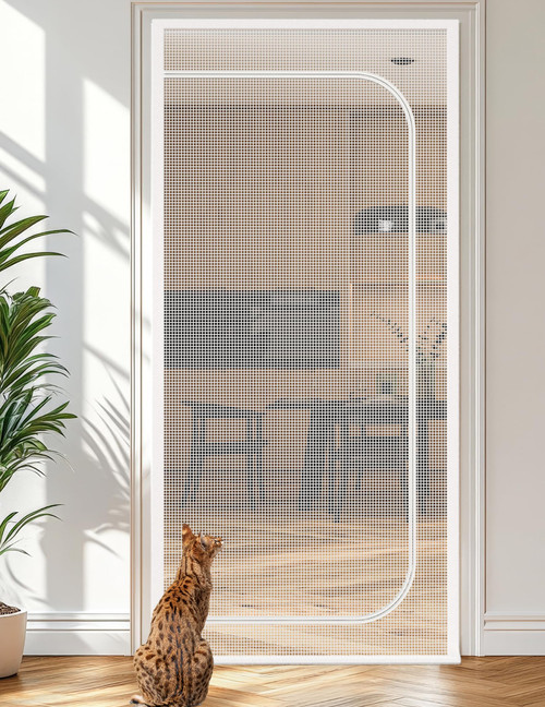 BFNN Cat Screen Door, Extra Tall Cat-Proof Mesh Gate, Fit Door Size 30'' x 80.5'', Anti Scratch Mesh with Zipper Closure, for Living Room, Kitchen, Bedroom (White)