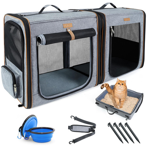 Lekereise Large Cat Carrier for 2 Cats, 2-in-1 Cat Travel Carrier with Litter Box, (17.7" x2) x16.5"x13" Pet Carrier with Zipper Locks for Moving Across The Country (No Hammock) - Grey