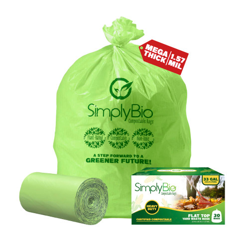Simply Bio 30-33 Gallon Compostable Trash Bags Liners Flat-Top, Heavy Duty Extra Thick 1.57 Mil, 124.92 Liter, 30 Bags, Lawn, Yard, and Restaurant Use, ASTM D6400, US BPI, OK Compost Home Certified
